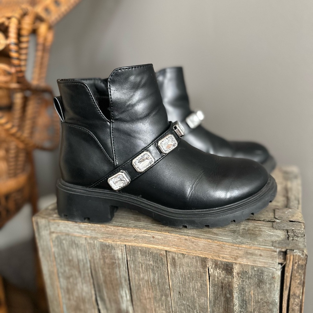 Black Leather Ankle Boots with Embellishments